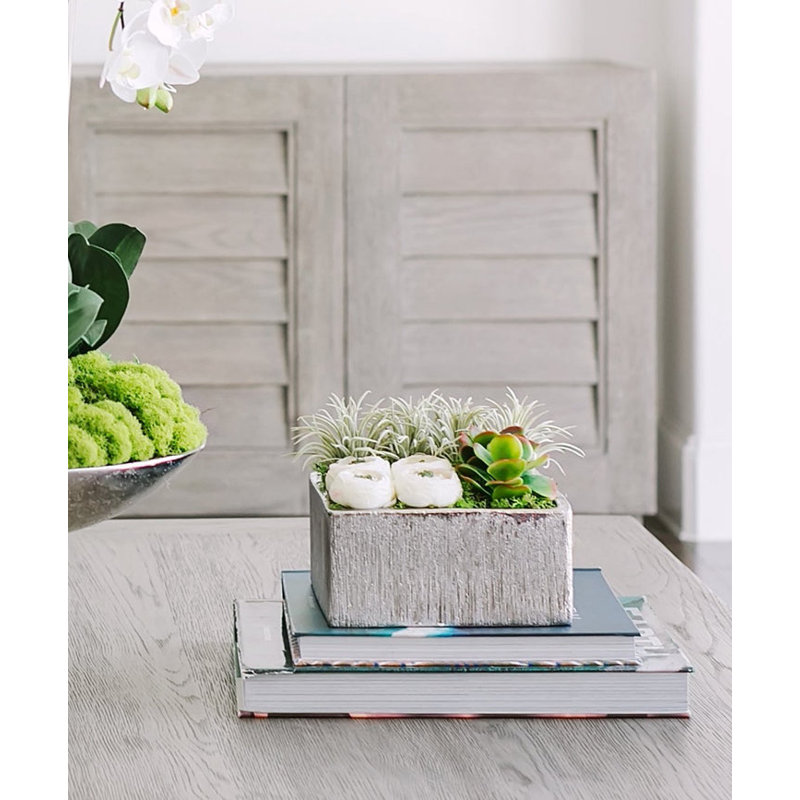 Geometric Cabbage Roses Floral Arrangement in Planter, Yellow