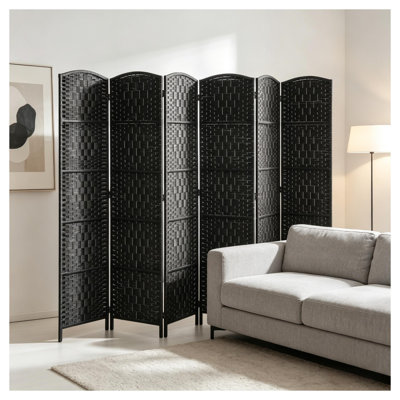 Paravent en osier pliable à 6 panneaux avec dessus arqué, écran d'intimité en bois autoportant pour le salon et la chambre à coucher