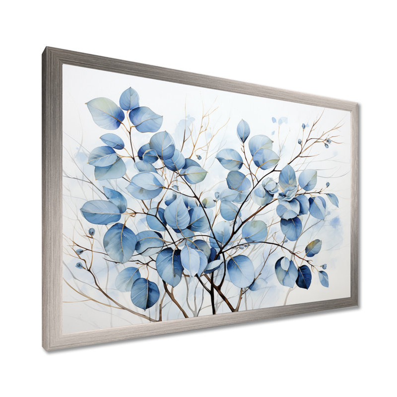 Art mural bleu et gris avec feuilles sur une branche III - feuilles, H 24 po x l 32 po x P 1 po, Cadre simple argenté