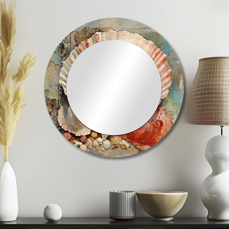 Abstract Seashell Treasures II - Seashell Unique Wall Mirror, Modern Round Mirror, Printed Metal Art, 23" x 23"