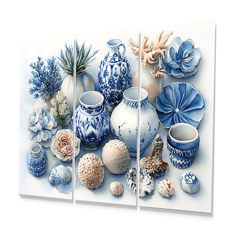 Poterie dans des tons bleus et blancs III - ensemble de reproduction d'art mural côtier, Métal métal