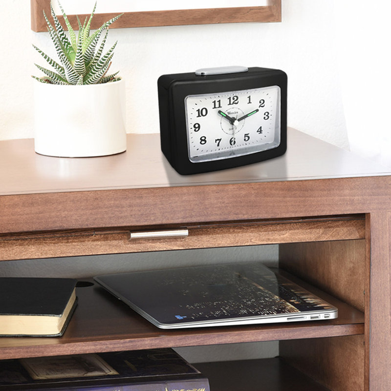 Black Quartz Analog Alarm Clock with Loud Bell and Crystal Tabletop