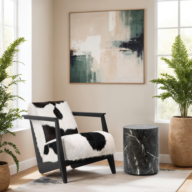 Naela Teak Upholstered Occasional Chair, Black, Black/White Genuine Goat Hide