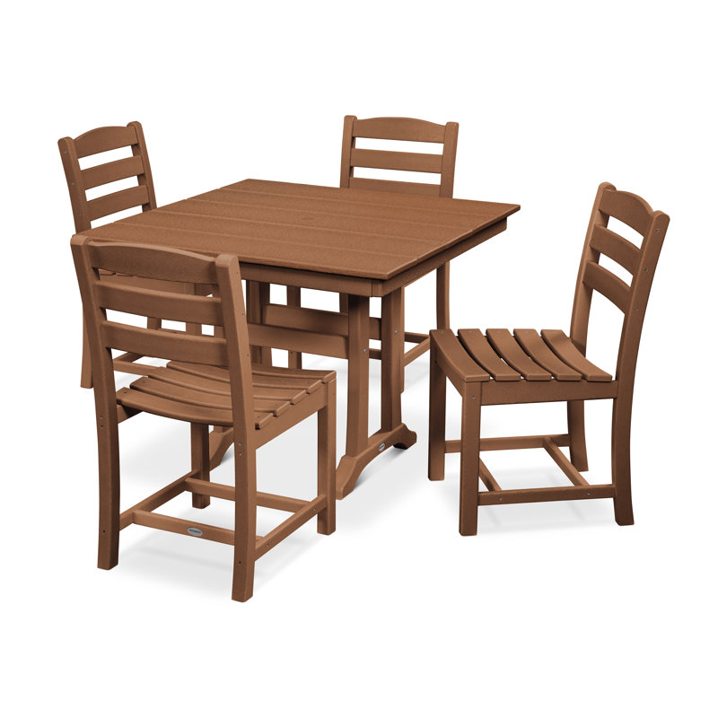 POLYWOOD La Casa Café 5-Piece Farmhouse Trestle Side Chair Dining Set, Teak