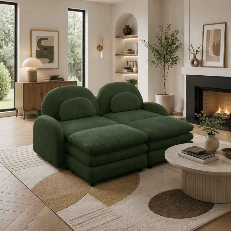 Canapé 2 places en tissu Teddy effet nuage avec dossier et accoudoirs incurvés, canapé d'angle modulaire avec poufs amovibles et coussin double couche