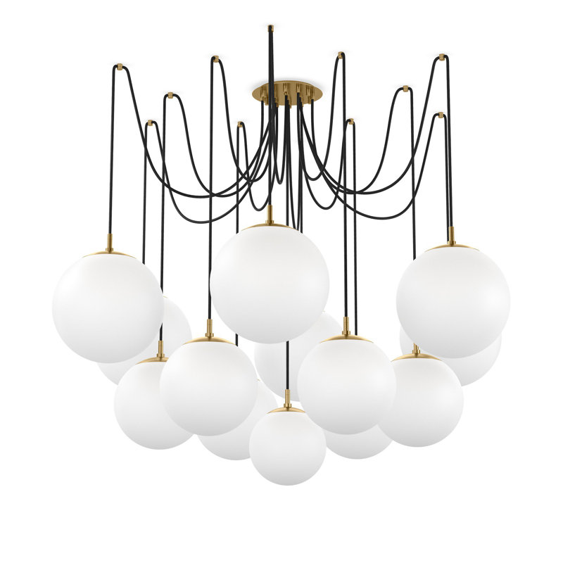 Spider 13 - Light Chandelier, Burnished Brass, Opal Matte Glass
