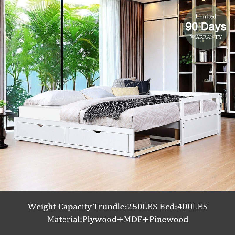 Wooden Daybed With Trundle Bed And Two Storage Drawers , Extendable Bed Daybed,Sofa Bed For Bedroom Living Room, White