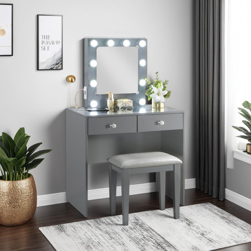 Ensemble coiffeuse et tabouret de maquillage Hudi, 10 lumières, prise de courant USB, , Gris