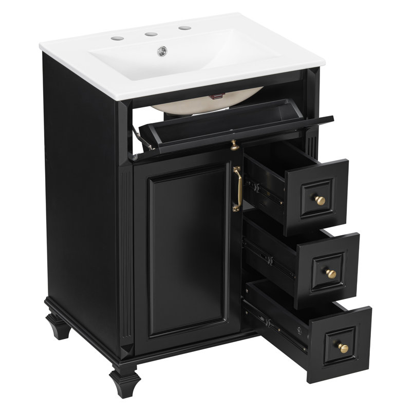 Ensemble de meuble-lavabo sur pied élégant 24 po, armoire en bois d'hévéa et panneau de fibres à densité moyenne avec plateau en céramique, rangement à 4 tiroirs (noir)