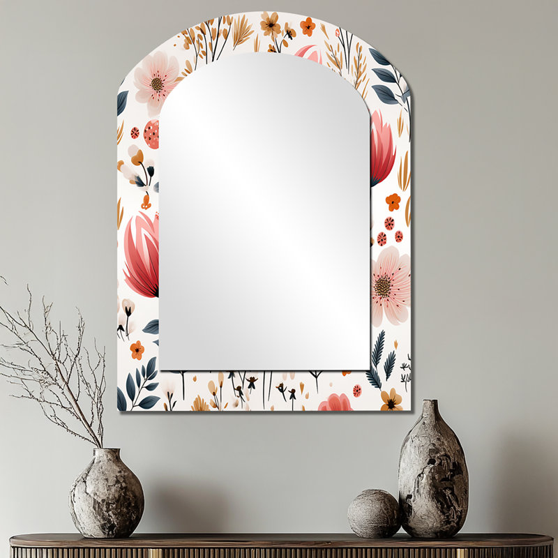 Rustic Pink Garden Charm Floral Pattern - Floral Arch Wall Mirror, Pink Asymmetrical Decorative Mirror, Printed Metal Art