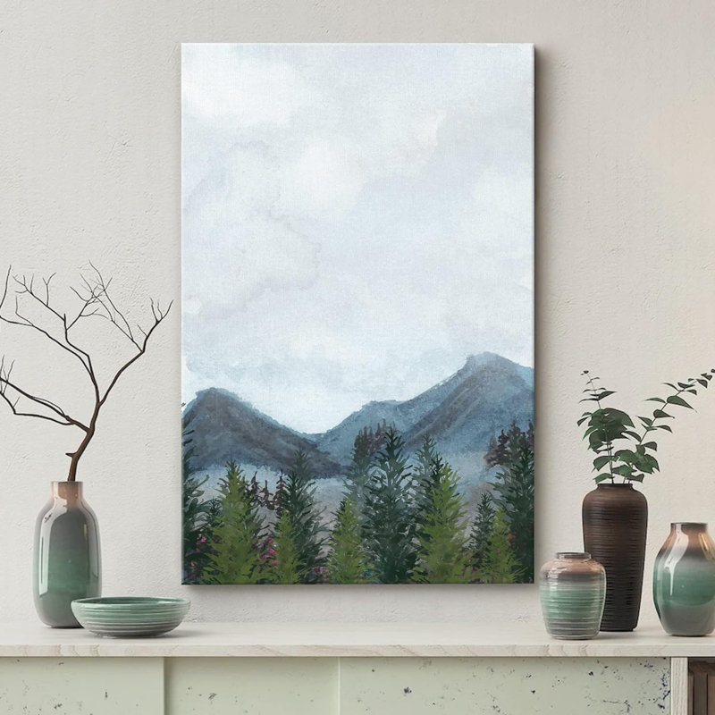 Paysage de forêt Woodland «Blue and Green Watercolor Mountain Forest Tree» sur, Toile tendue, H 18 po x l 12 po