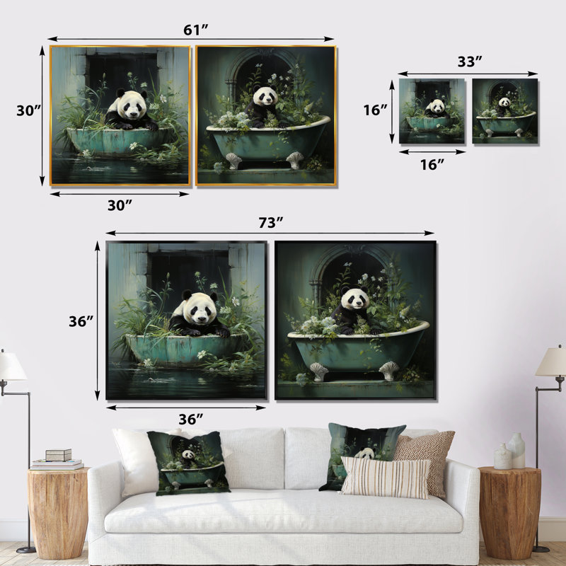 «Green Tranquil Panda Bath I», ensemble de 2 décorations murales pour salle de bain, H 16 po x l 33 po x P 1 po