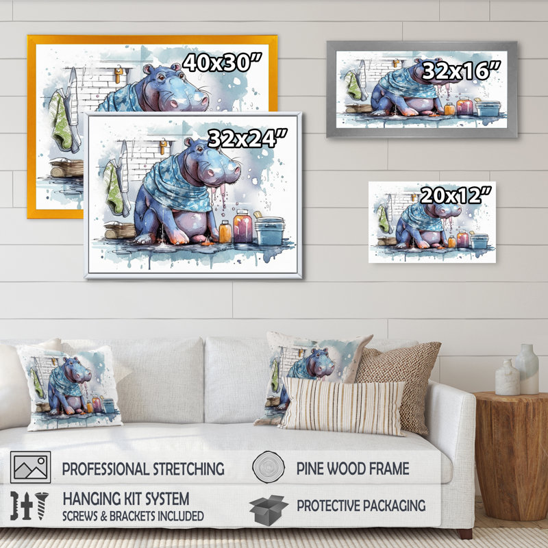 «Grey Hippo in the Bathroom II», impression sur toile tendue, H 24 po x l 32 po x P 1 po