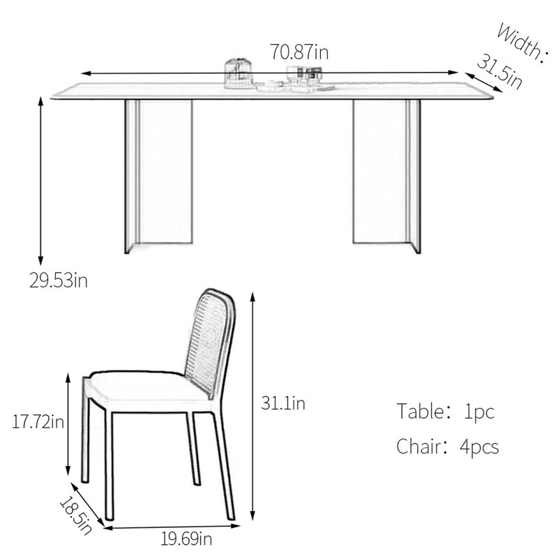 Ensemble de table de salle à manger Vintage, H 29,53 po x L 70,87 po x l 31,5 po