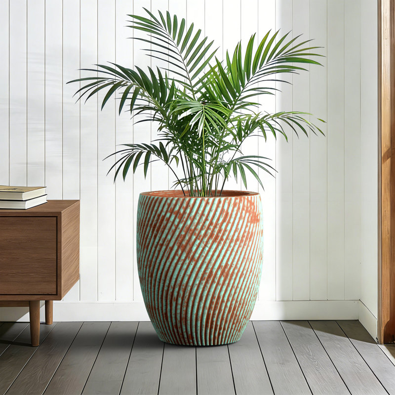 20 in. Large Concrete Round Planter / Pot with Teal Stripes with Drainage Holes for Indoor & Outdoor, Teal