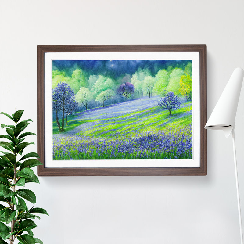 Watercolour Bluebell Field Vol.1 - Single Picture Frame Print, Walnut Framed, 46cm H x 64cm W x 2cm D