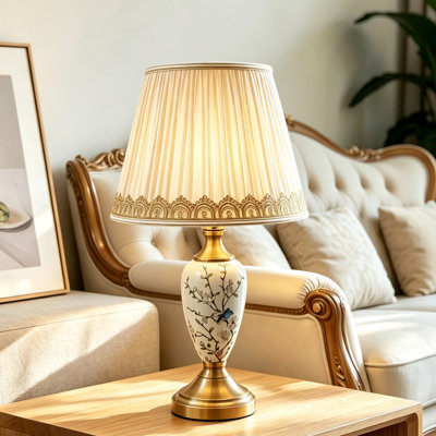 22" Ceramic Table Lamp with Pleated Fabric Shade, Vintage Accent Bedside Lamp for Living Room, Bedroom, Nightstand