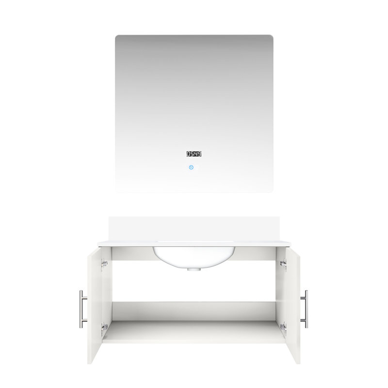 Miroir DEL de 91 cm avec meuble-lavabo blanc brillant et surface en quartz - Spacieux, résistant aux rayures et aux marques, comptoir de 56 cm de largeur x 56 cm de profondeur, grand espace de rangement, durable