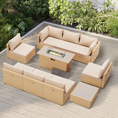Ensemble de conversation extérieur en osier pour 8 personnes avec table de foyer, housse en verre et coussins Baldwinsville