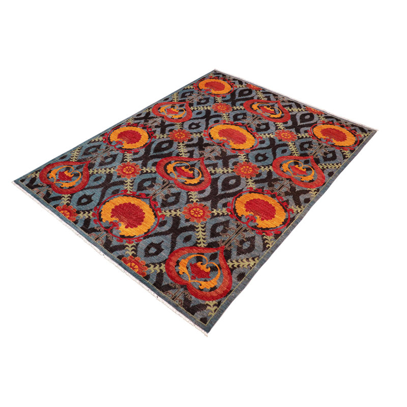 Tapis géométrique noir / rouge en laine noué à la main 7 pi 1 po x 10 pi 3 po Geometric