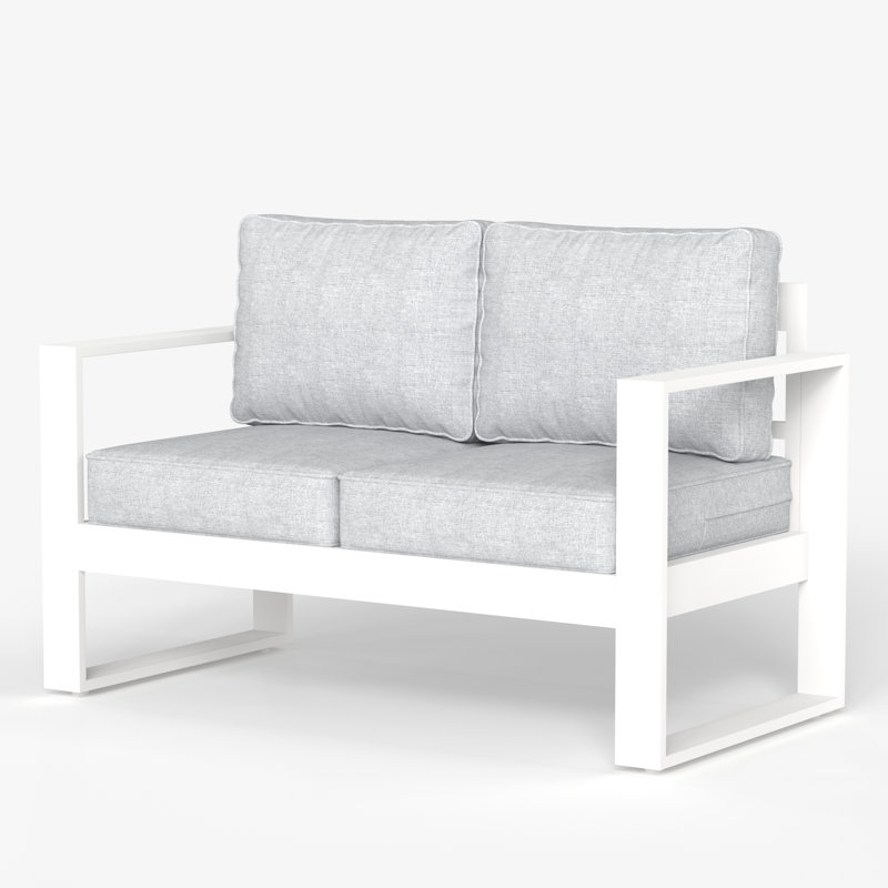 127 cm W Metal Loveseat with Cushions, White Frame/White Cushion