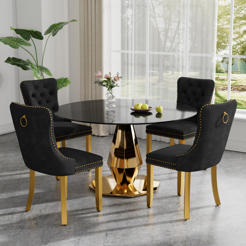 Ensemble de salle à manger rond de luxe avec chaise capitonnée, H 30 po x L 47 po x l 47 po, Noir, noir, noir, noir, Doré