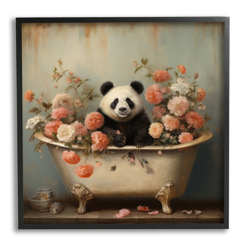 Panda, baignoire et fleurs, H 12 po x l 12 po x P 0,5 po