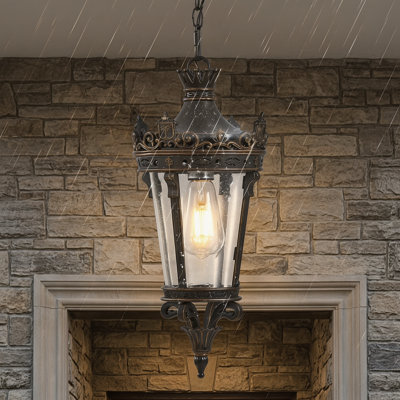 Regal Outdoor Pendant Light - Ornate Crown Motif, Clear Seeded Glass Shade, Weatherproof Metal Fixture