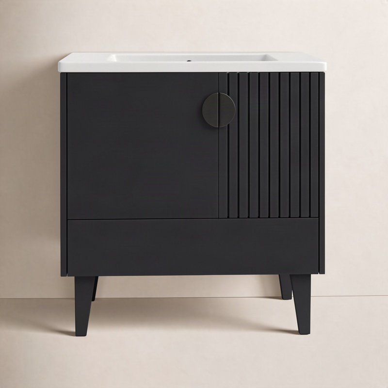 Saimah 30'' Single Bathroom Vanity with Ceramic Top, Black, Black