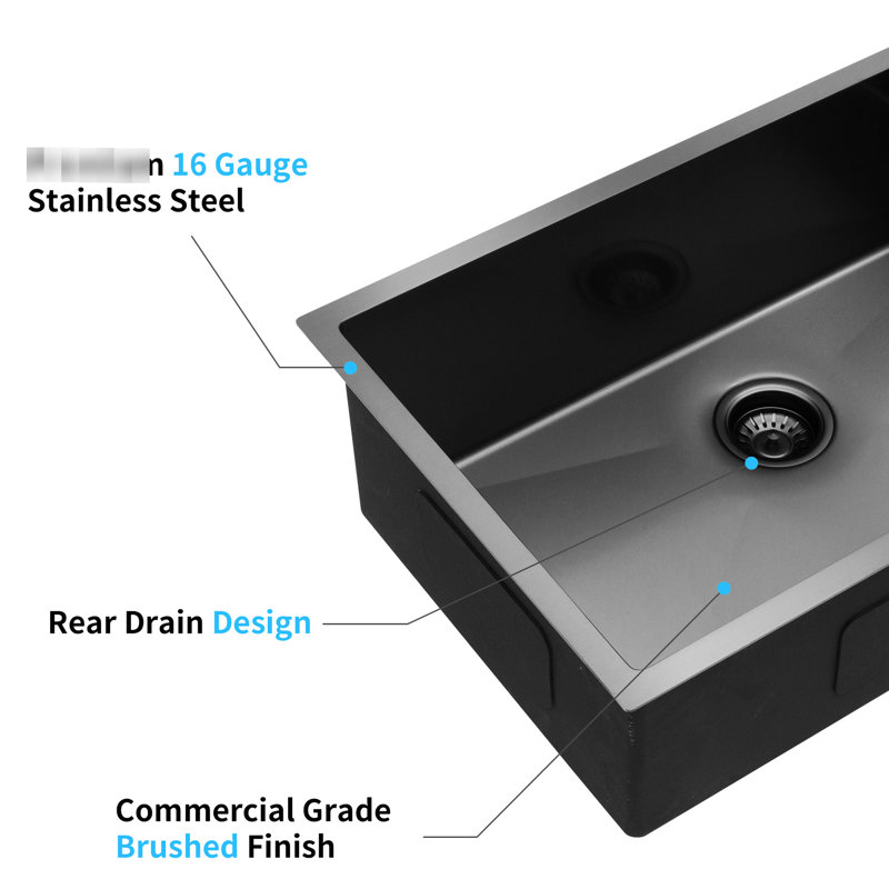 Évier de cuisine encastrable en acier inoxydable 33 po x 19 po x 10 po - Noir mat, T304 pour une longévité supérieure, rouille et teinté, calibre 16, Nano protégé, acier à coins arrondis R10, denté, teinté, efficace et rapide