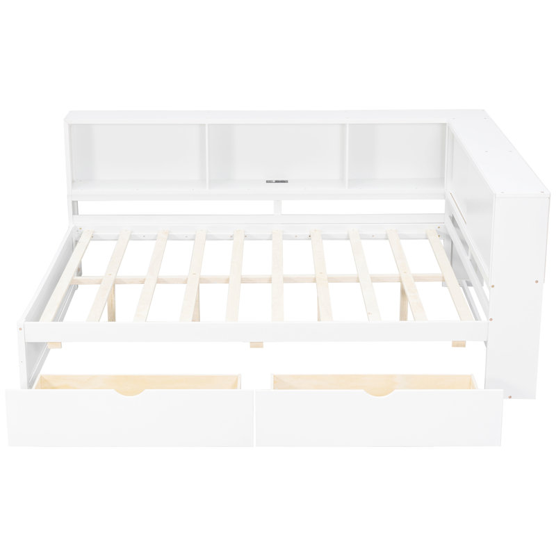 Grand lit de jour en bois avec DEL, USB, 2 tiroirs et tablettes de rangement intégrées, blanc, Blanc
