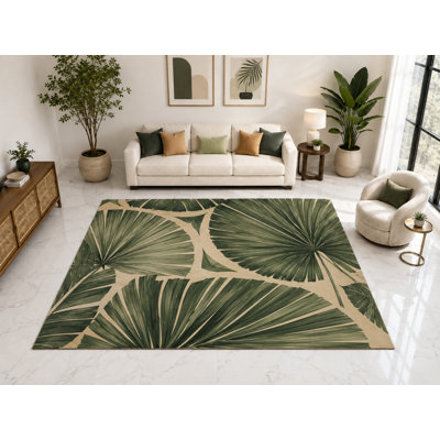 "Ultra Thin" 5' x 7' Tropical Fan Palm Botanical Area Rug, Soft Low Pile Indoor Rug with Non-Slip Silicone Backing for Living Room, Bedroom, Family Room