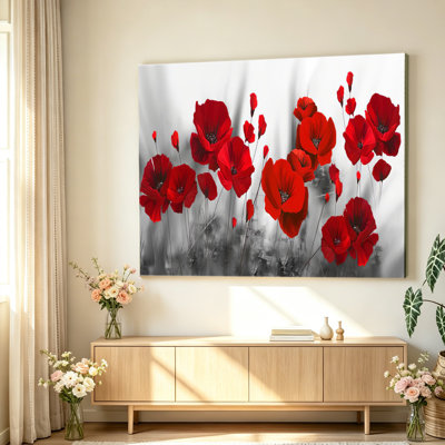 Red poppy wall art red poppy flower gray background painting poster