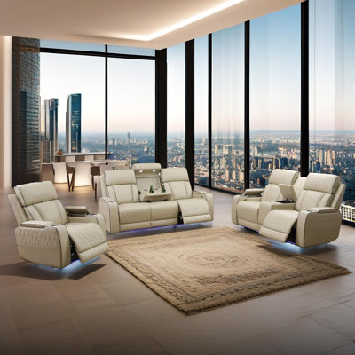 Alabaster Beige Leather Living Room Recliner Sofa set, with wireless charging station