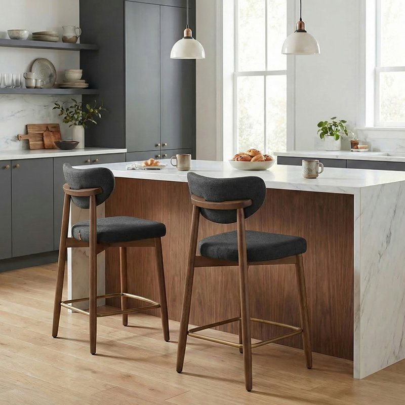 Upholstered Counter Stool Solid Wood Bar Stool (Set Of 2), Black