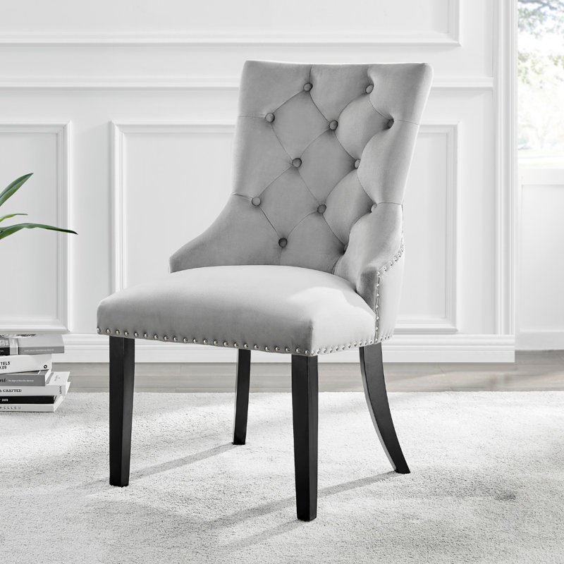 Eubanks Velvet Knockerback Dining Chairs with Metal Rivets and Chrome Legs, Grey, Black