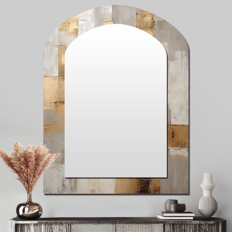 Beige And Gold Minimalism Modern Scandinavian Zen - Scandinavian Asymmetrical Mirror, Beige Arch Decorative Wall Mirror, Printed Metal Art