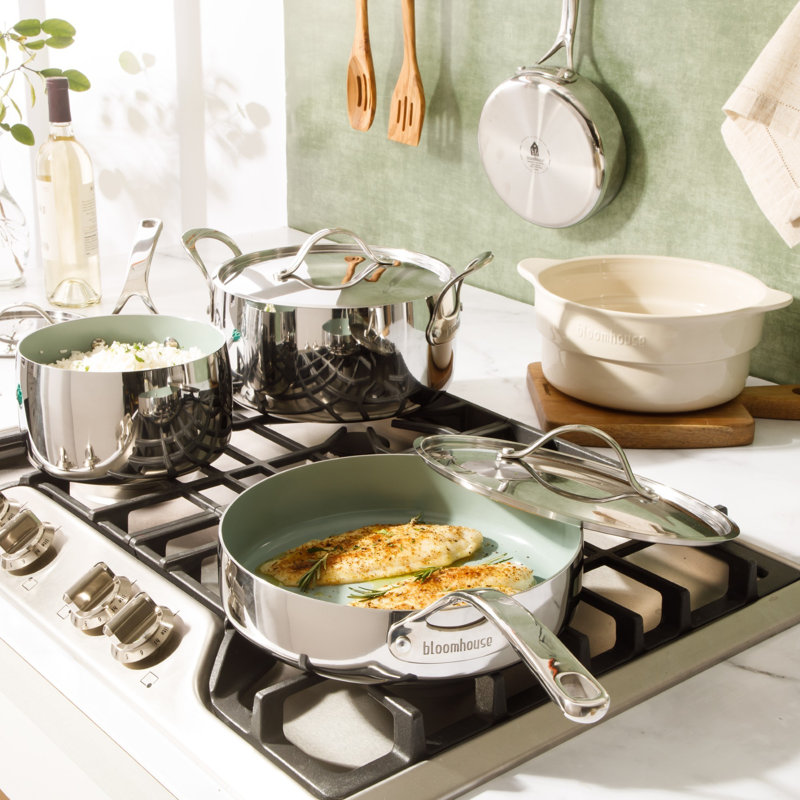 Bloomhouse 8 Piece Triply Stainless Steel Pots and Pans Cookware Set W/Non Toxic Pro Ceramic Non Stick Interior, Green