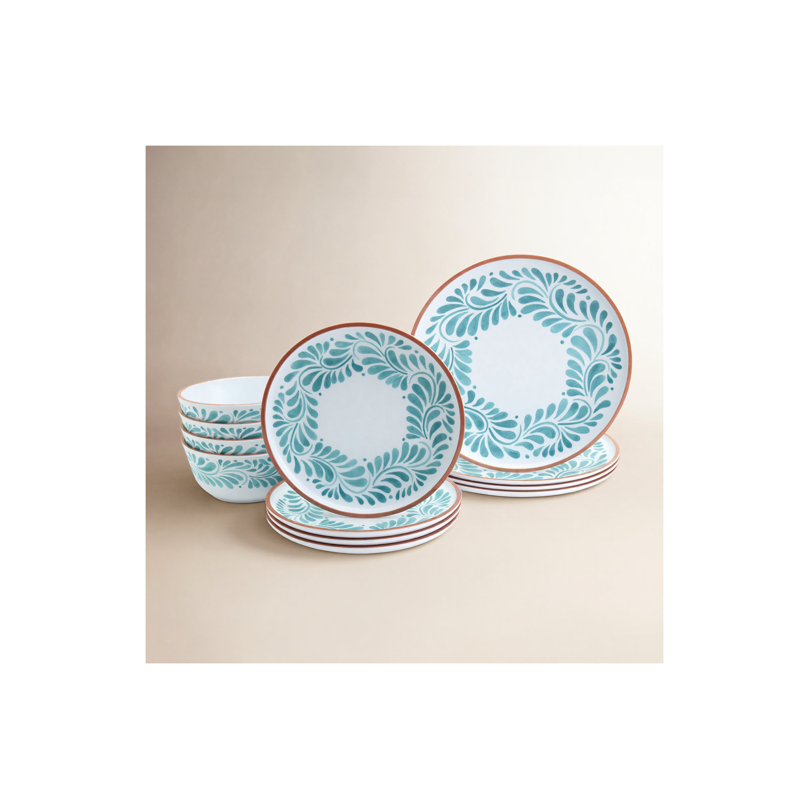 INFUSE 12-Piece Melamine Dinnerware Set, Lebrillo, White/Aqua