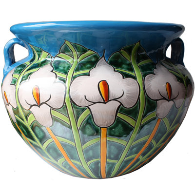 Glazed TalaMex Large-Sized Aqua Lily Mexican Colors Talavera Ceramic Garden Pot