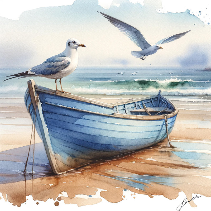 Mouette et bateau - impression sur toile tendue, H 12 po x l 12 po x P 1 po