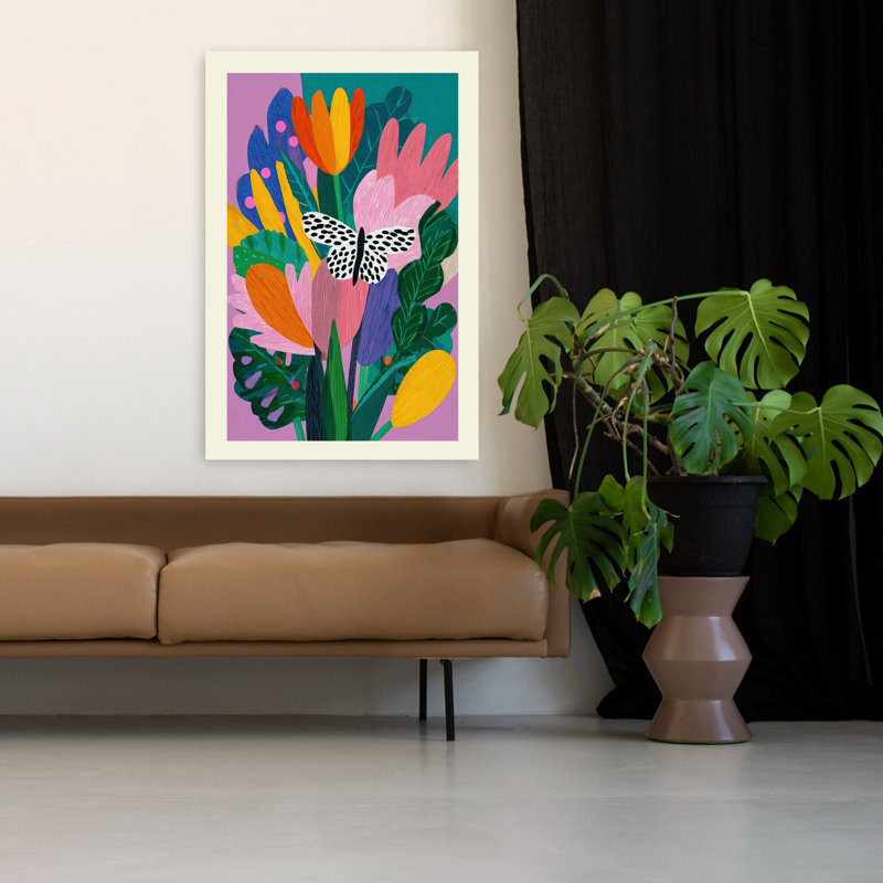 Papillon jardin audacieux coloré, élégant papillon, art mural nature, H 48 po x l 32 po