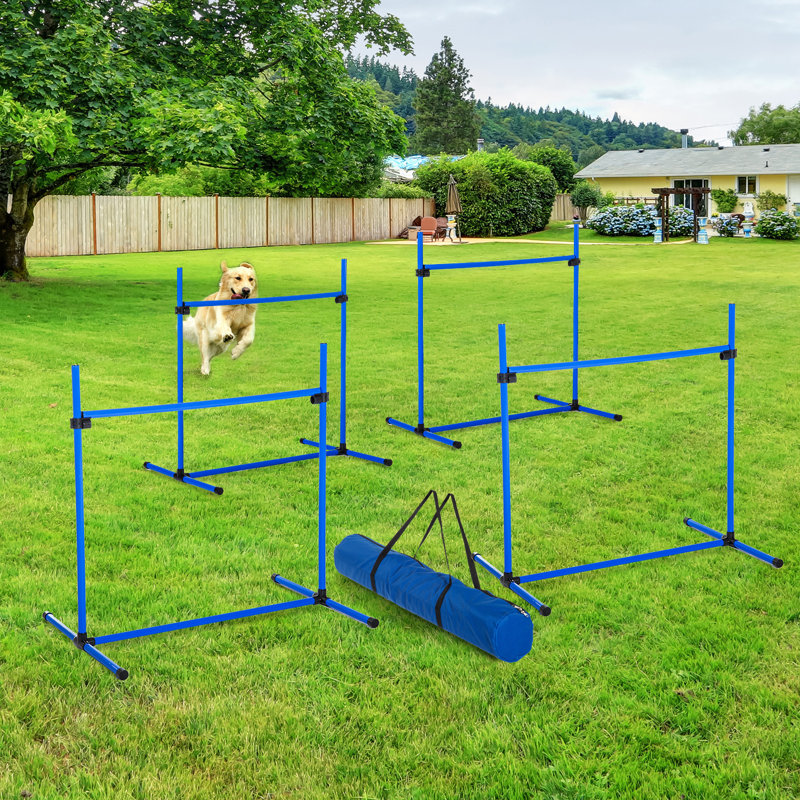 Blue Adjustable Dog Agility Training Jump Bar Set with Carry Bag