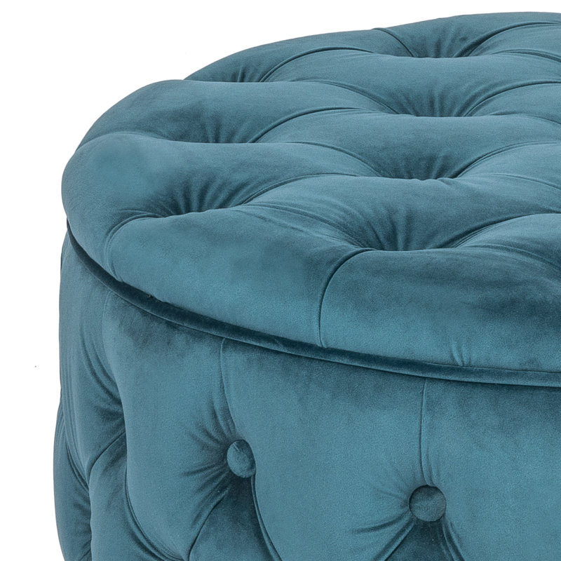 Amram Tufted Round Storage Ottoman, Blue Velvet