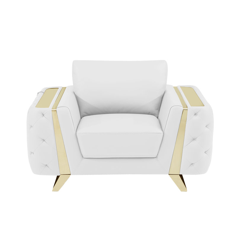 Anissa Top Grain Italian Leather Armchair, Gold, White Genuine Leather