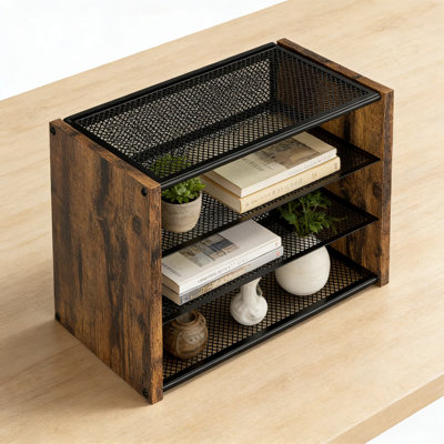 Organisateur de bureau empilable à 3 niveaux, plateau en maille métallique et en bois pour fournitures de bureau, porte-documents en papier pour le bureau personnel et l'école