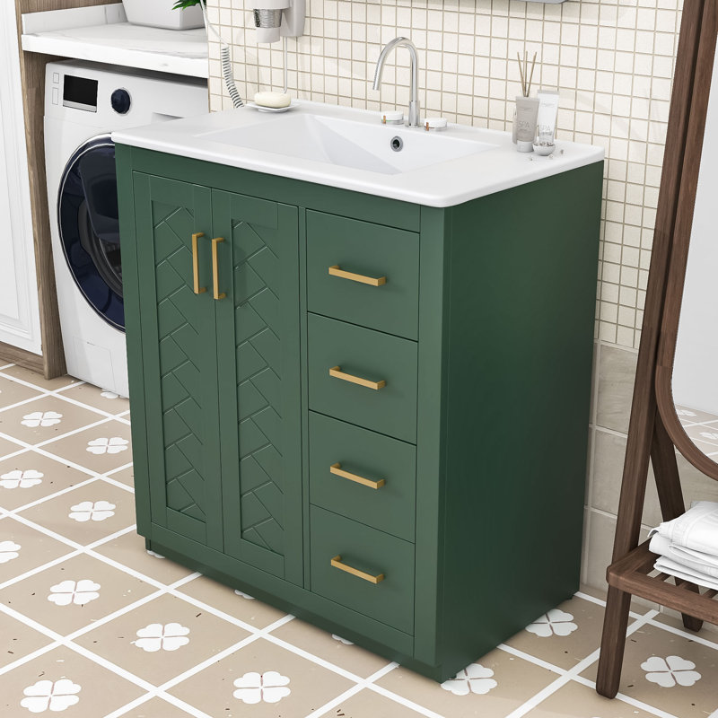 Ensemble de meuble-lavabo autoportant 3 tiroirs 30 po avec lavabo en céramique et portes à fermeture douce Harsimar, Green