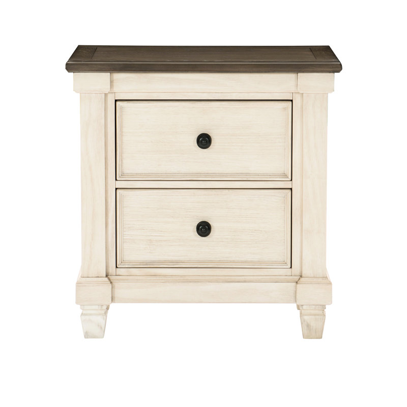 Table de chevet de style rustique 2 en blanc antique et brun rosé pour chambre à coucher transitionnelle 2 tons avec 2 tiroirs