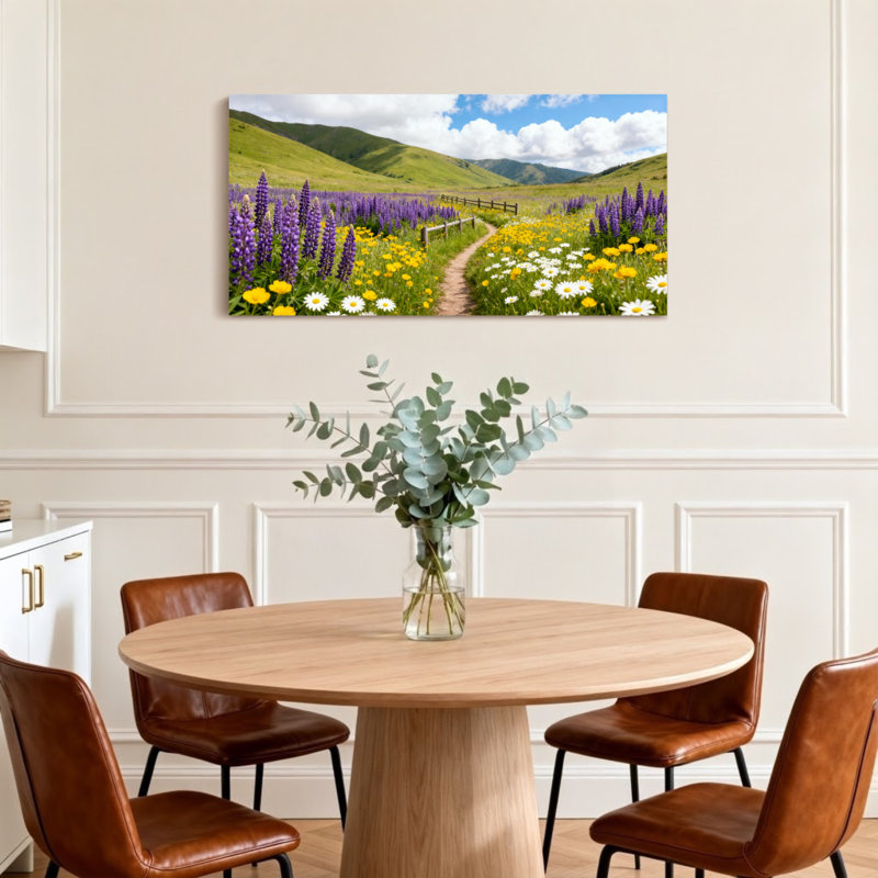 Landscape & Nature Flower Field Path Mountains Sky Clouds, 16" H x 32" W