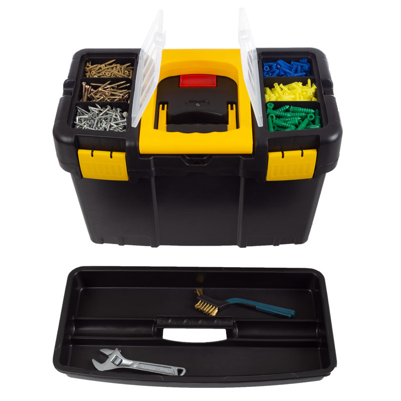 Black and Yellow Portable Tool Box with Wheels and Removable Storage Trays